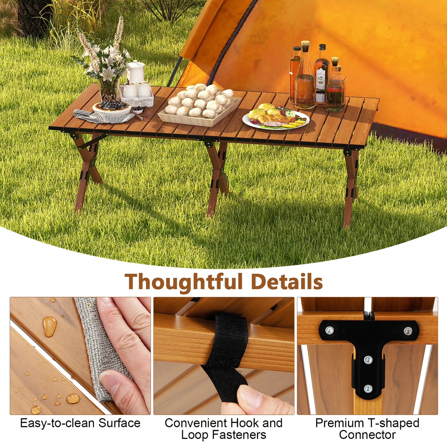 Folding Aluminum Camping Table with Carry Bag Roll-Up Picnic Table with Wood Grain