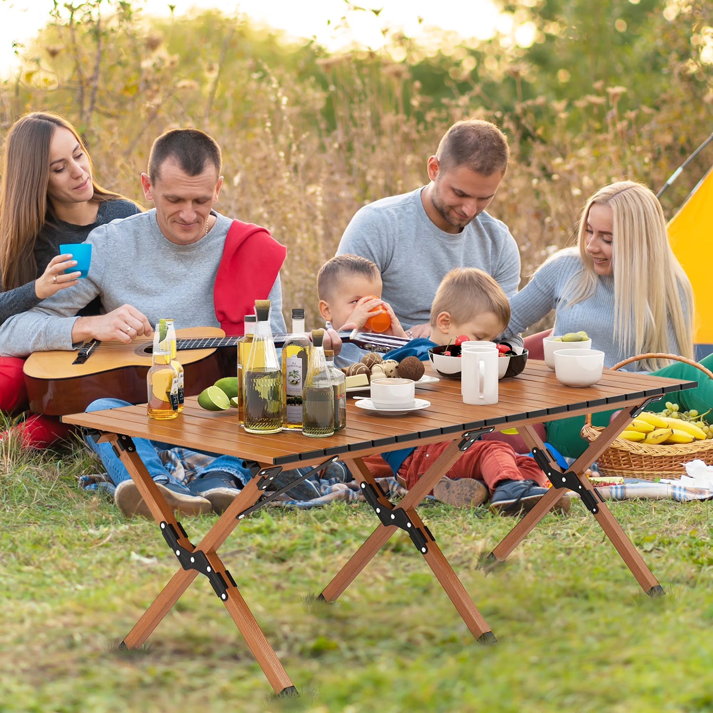 Folding Aluminum Camping Table with Carry Bag Roll-Up Picnic Table with Wood Grain