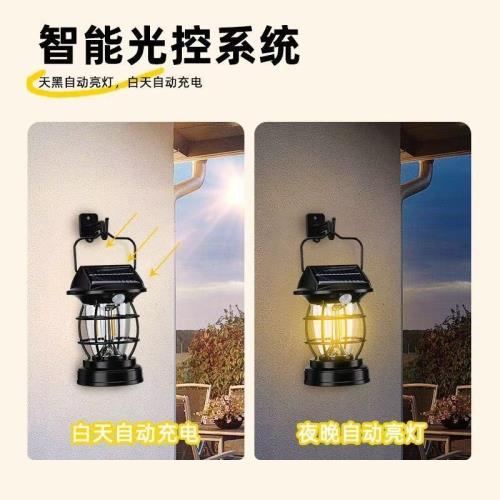 Solar Hanging Lantern Vintage Outdoor Light | Rainproof Rechargeable LED Induction | Solar/USB Dual Powered | Black ABS 6.3" | Garden Balcony Yard Camping | Auto Sensor