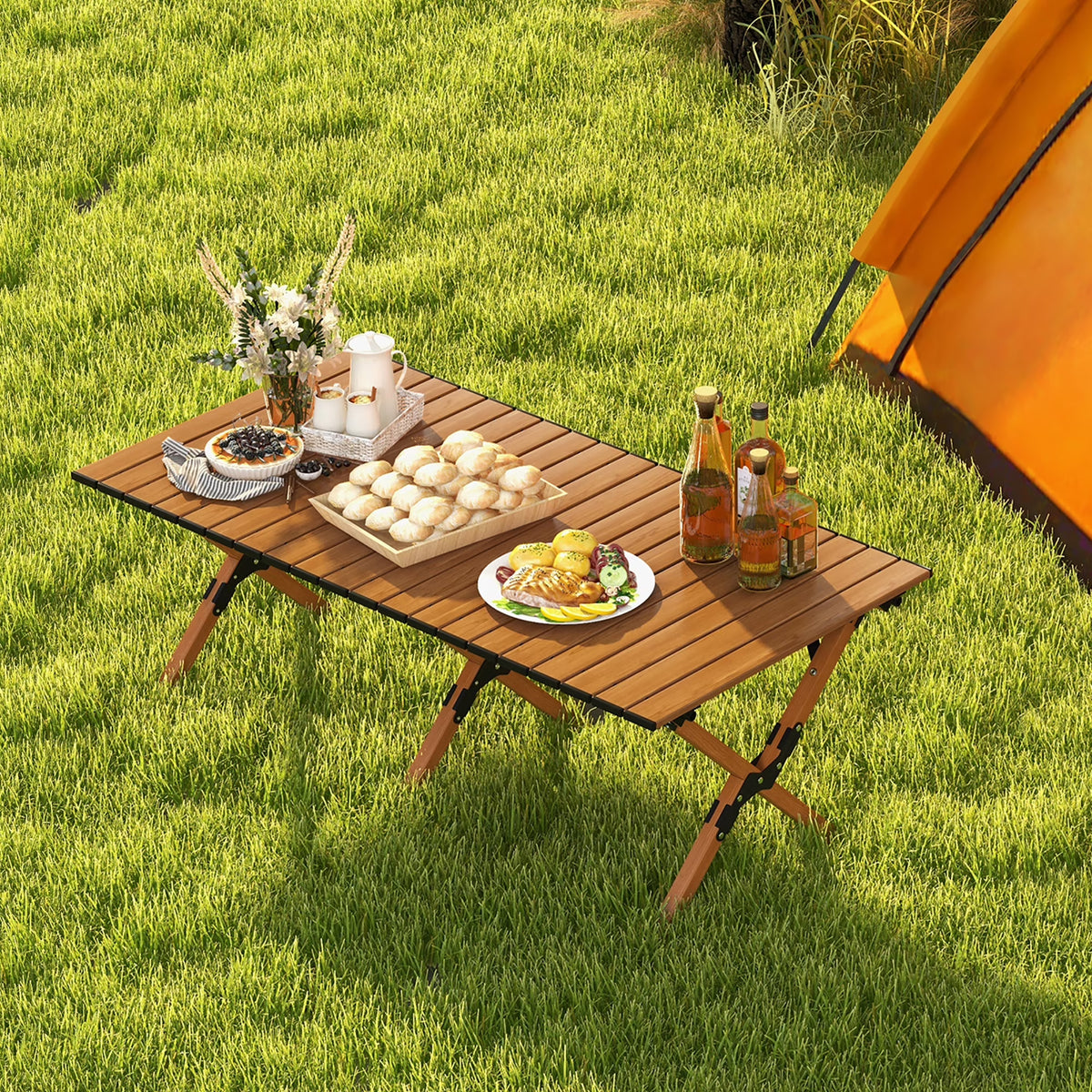 Folding Aluminum Camping Table with Carry Bag Roll-Up Picnic Table with Wood Grain