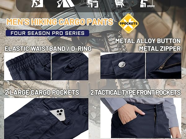 Men's Tactical Pants Waterproof Hiking Work Pants for Men Construction Stretch Cargo Trousers 9 Pockets