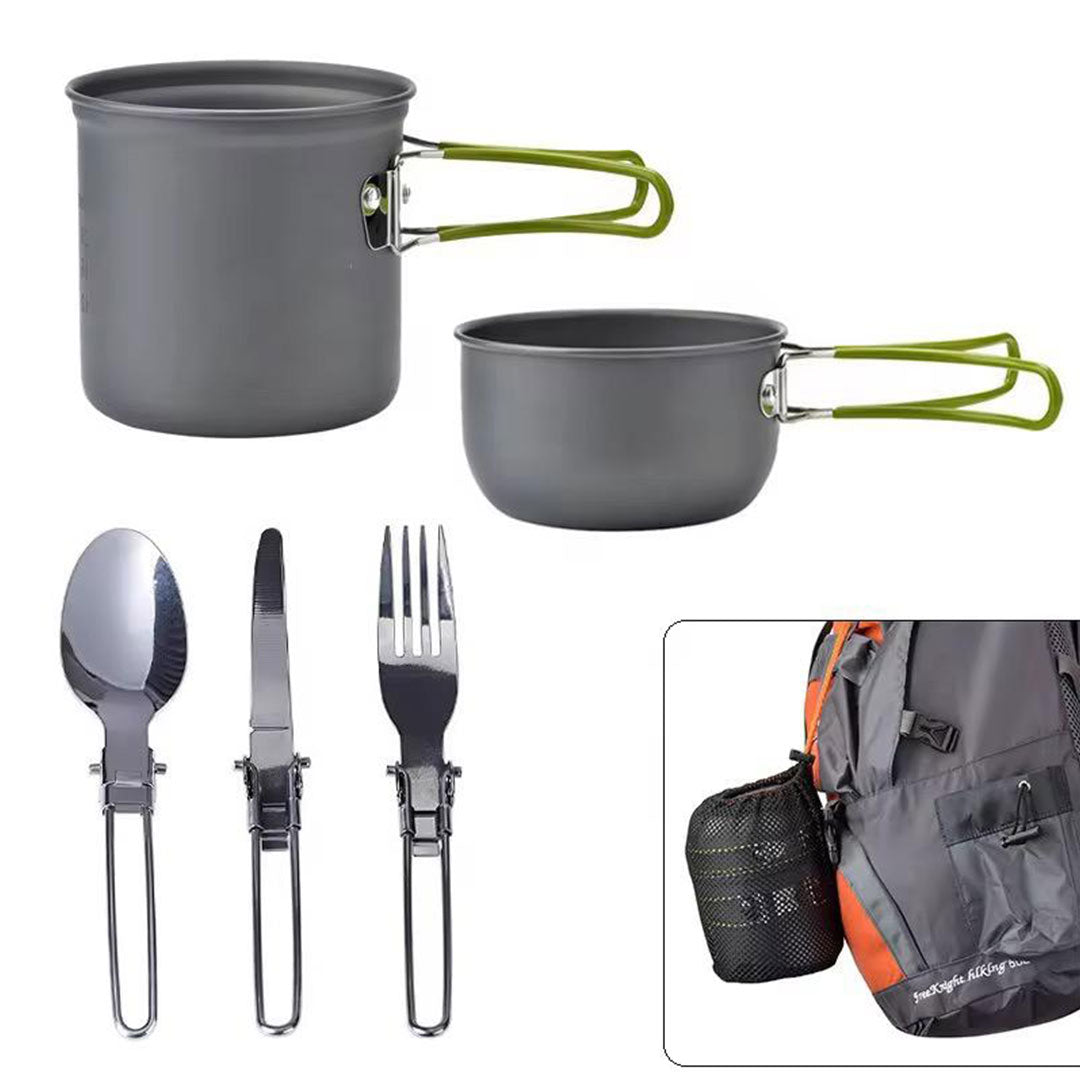 Lightweight Portable Camping Cookware Set – 2-in-1 Picnic Pot & Pan with Foldable Cutlery | Ideal Mess Kit for Hiking, Backpacking & Outdoor Cooking (1-2 People, Easy to Clean, Green)
