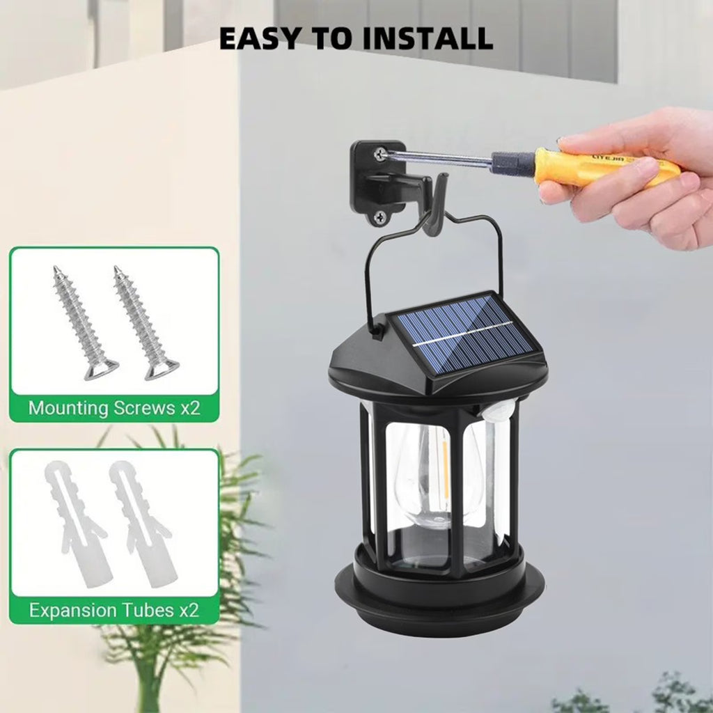 Solar Hanging Lantern Vintage Outdoor Light | Rainproof Rechargeable LED Induction | Solar/USB Dual Powered | Black ABS 6.3" | Garden Balcony Yard Camping | Auto Sensor