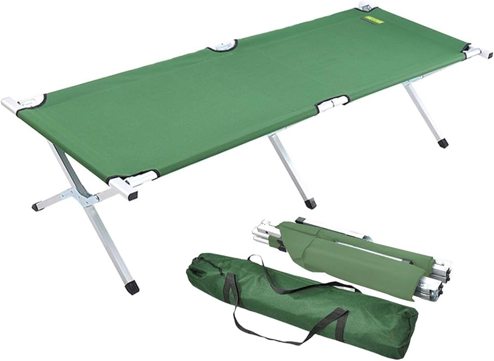 Heavy Duty Camping Bed Double Layer Oxford Strong Sleeping Cots with Carry Bag for Adults & Kids Portable Travel Folding Camping Cots for Home Office Outdoor Beach Vacation (GREEN)