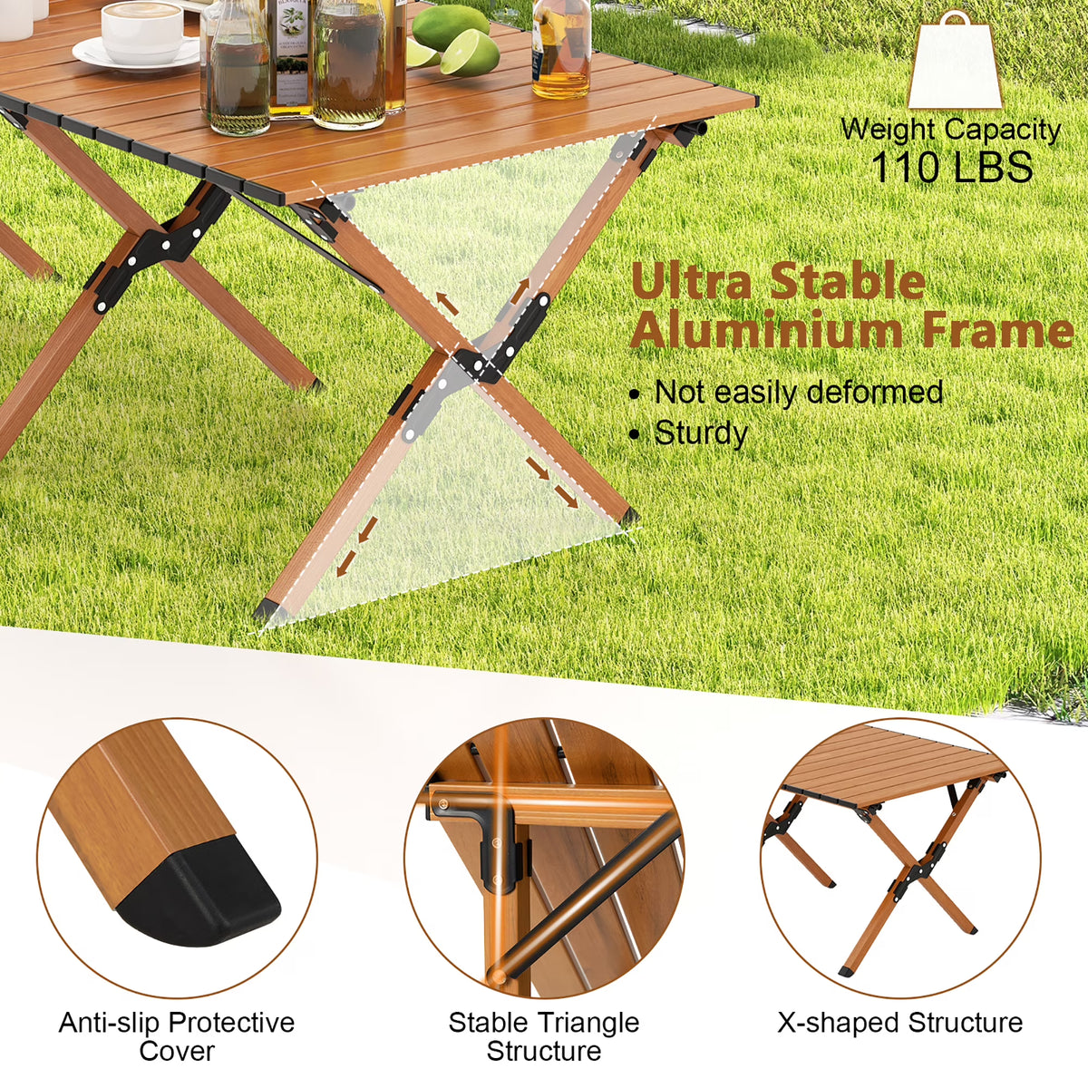 Folding Aluminum Camping Table with Carry Bag Roll-Up Picnic Table with Wood Grain