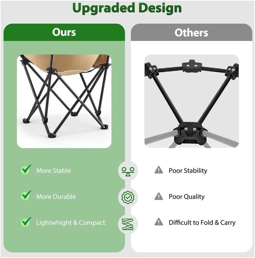 Folding Moon Chair, Camping Chair with Side Pocket, Portable Lightweight Foldable Backpacking Chair Ultra Durable for Outdoor Hiking Beach Travel with Carrying Bag (2*High Back Moon Chair - Khaki)