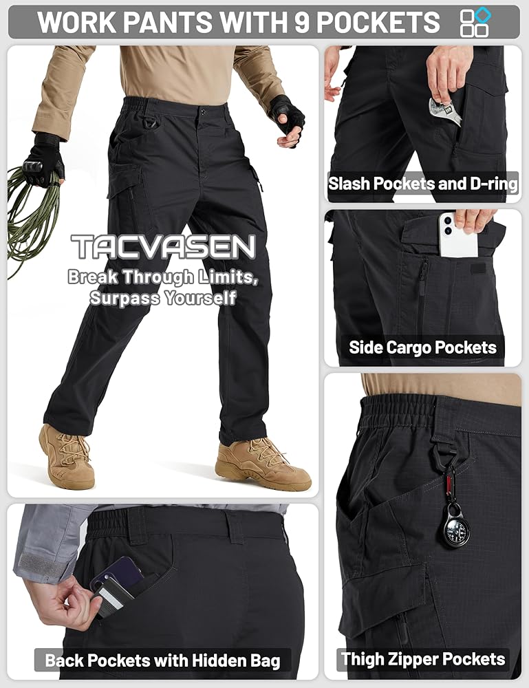 Men's Tactical Pants Waterproof Hiking Work Pants for Men Construction Stretch Cargo Trousers 9 Pockets