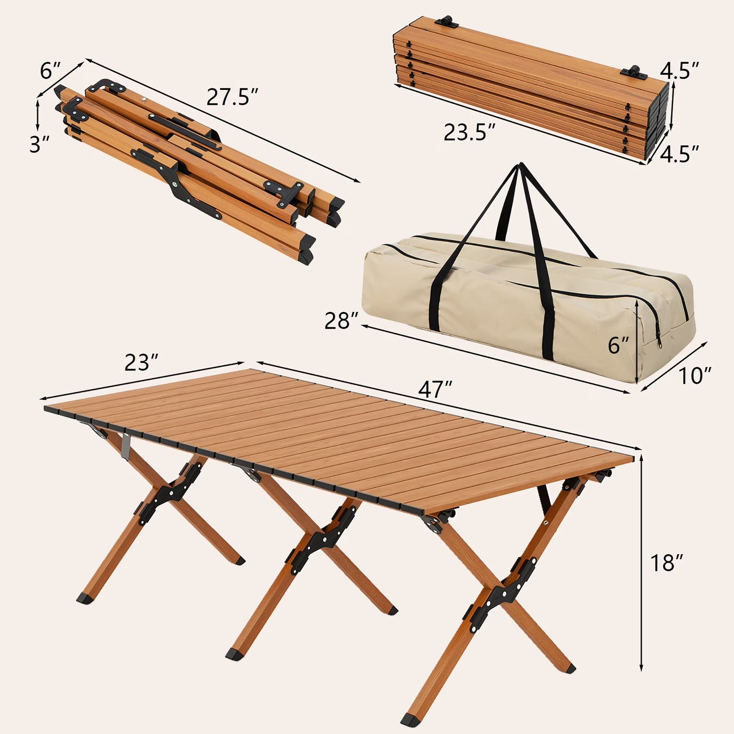 Folding Aluminum Camping Table with Carry Bag Roll-Up Picnic Table with Wood Grain