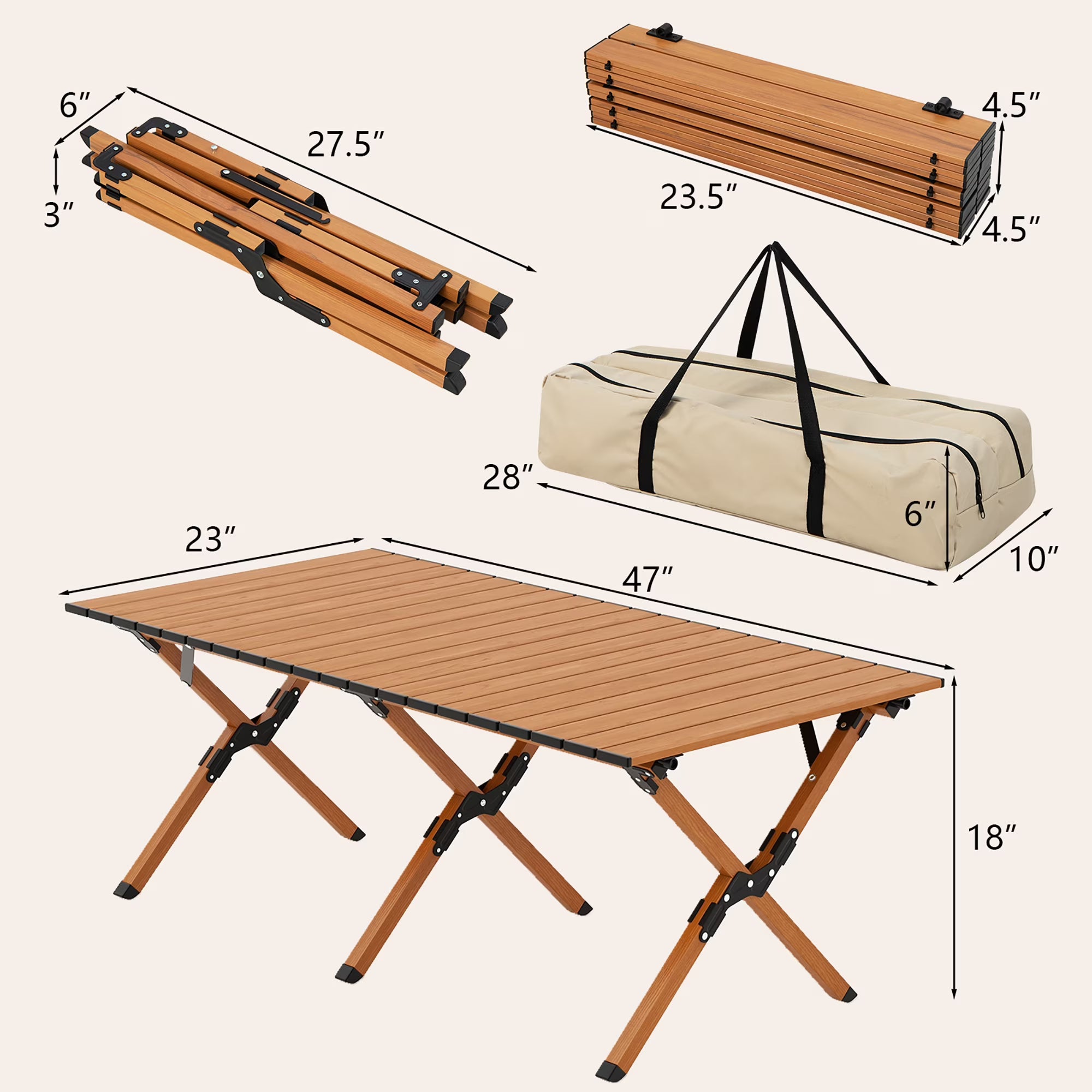 Folding Aluminum Camping Table with Carry Bag Roll-Up Picnic Table with Wood Grain