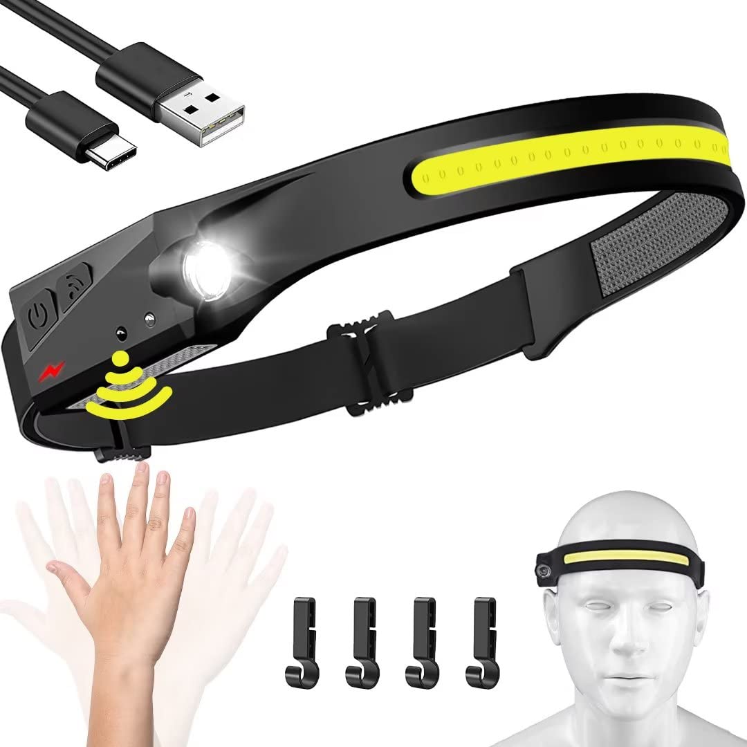 Headlamp Rechargeable 2PCS, 230° Wide Beam Head Lamp LED with Motion Sensor for Adults - Camping Accessories Gear, Waterproof Head Light Flashlight for Hiking, Running, Repairing, Fishing, Cycling