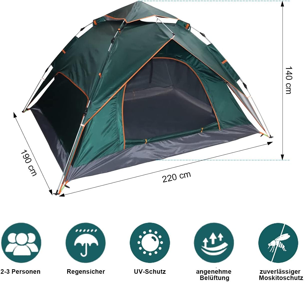 Fully Automatic Double Wall Camping Tent, Family Tent, Dome Tent, Pop-up Tent for up to 2-3 People, Waterproof, Robust, Self-Assembly, Second Tent, Trekking, Travel Festival (Dark Green)