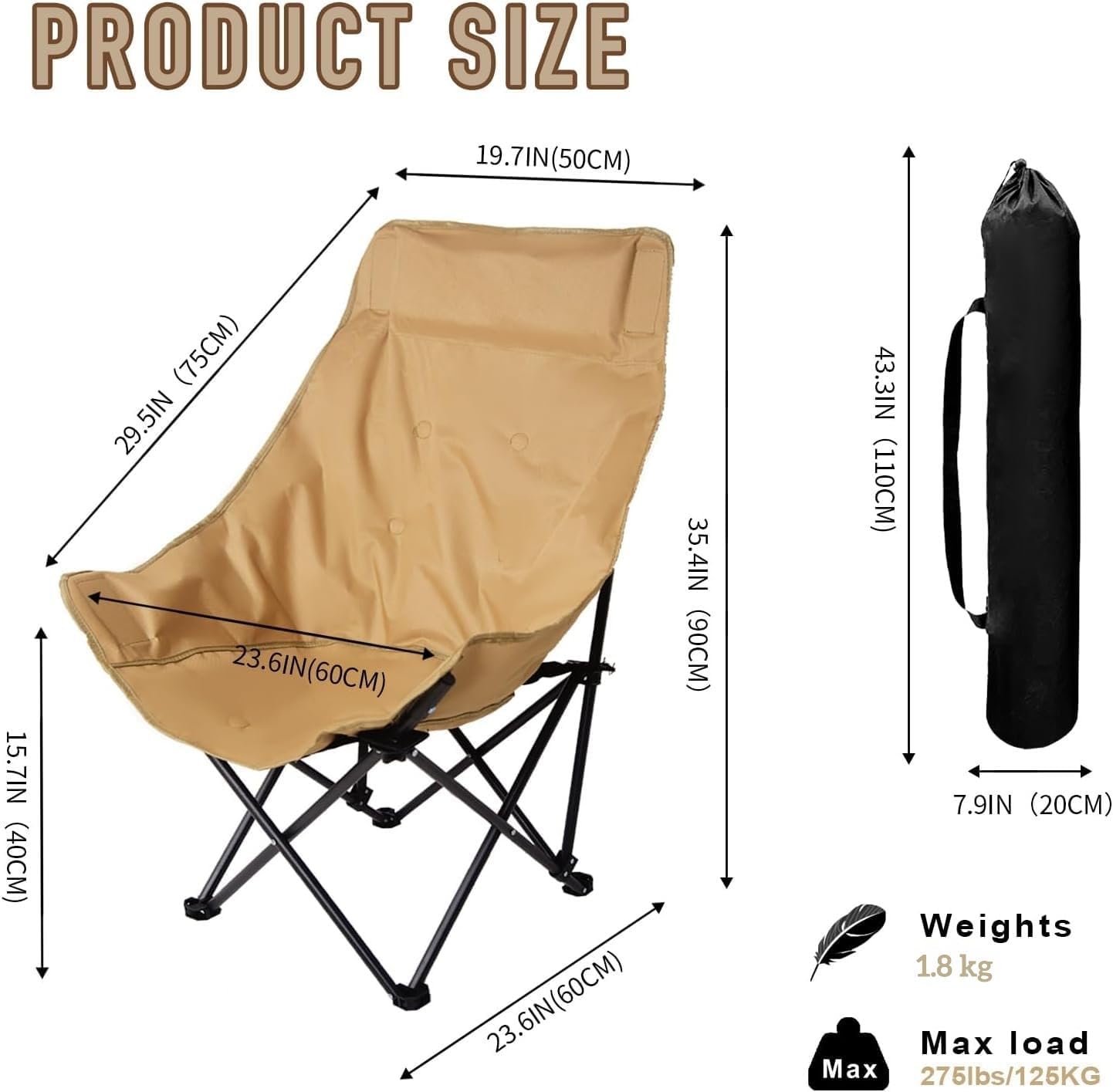 Folding Moon Chair, Camping Chair with Side Pocket, Portable Lightweight Foldable Backpacking Chair Ultra Durable for Outdoor Hiking Beach Travel with Carrying Bag (2*High Back Moon Chair - Khaki)