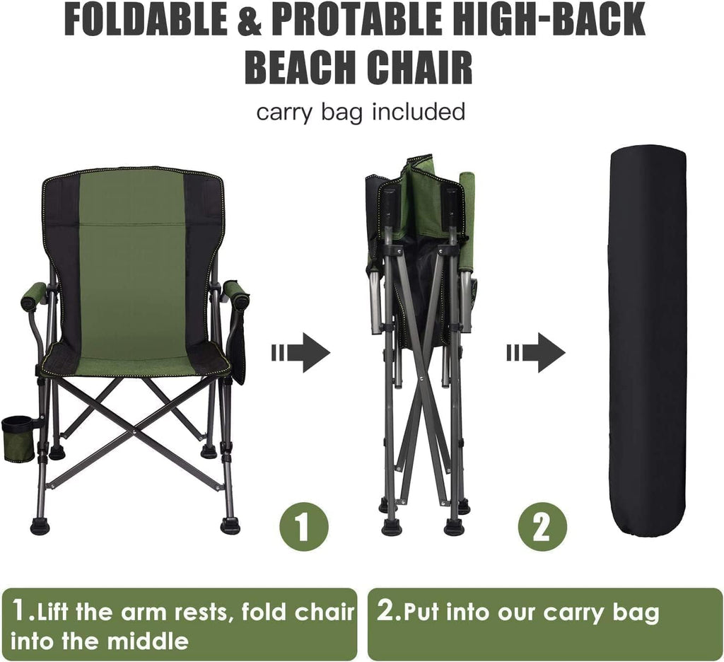 Portable Camping Chair – High Back, Padded, Heavy Duty Folding Outdoor Chair, Oxford Fabric, Lightweight & Compact for Camp, Beach, Hiking (Grey & Green)