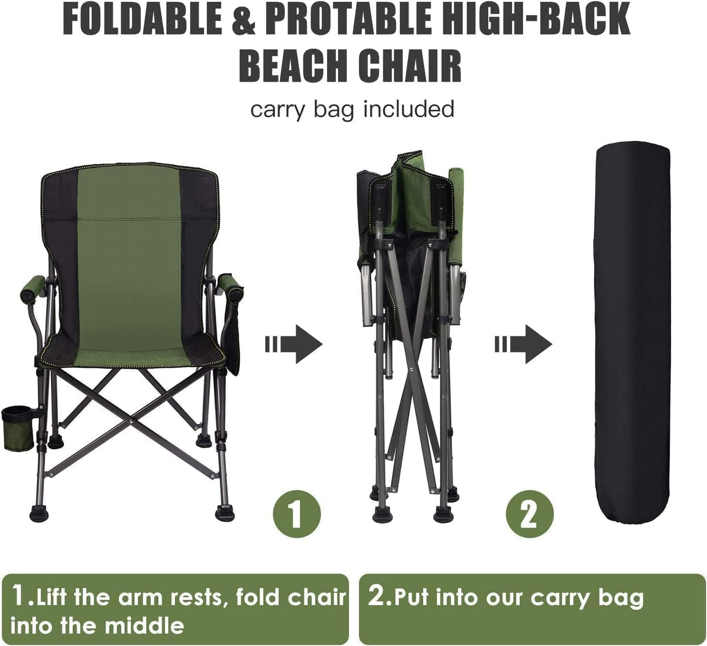 Portable Camping Chair – High Back, Padded, Heavy Duty Folding Outdoor Chair, Oxford Fabric, Lightweight & Compact for Camp, Beach, Hiking (Grey & Green)