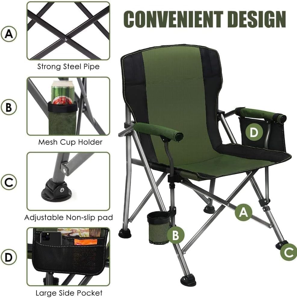 Portable Camping Chair – High Back, Padded, Heavy Duty Folding Outdoor Chair, Oxford Fabric, Lightweight & Compact for Camp, Beach, Hiking (Grey & Green)