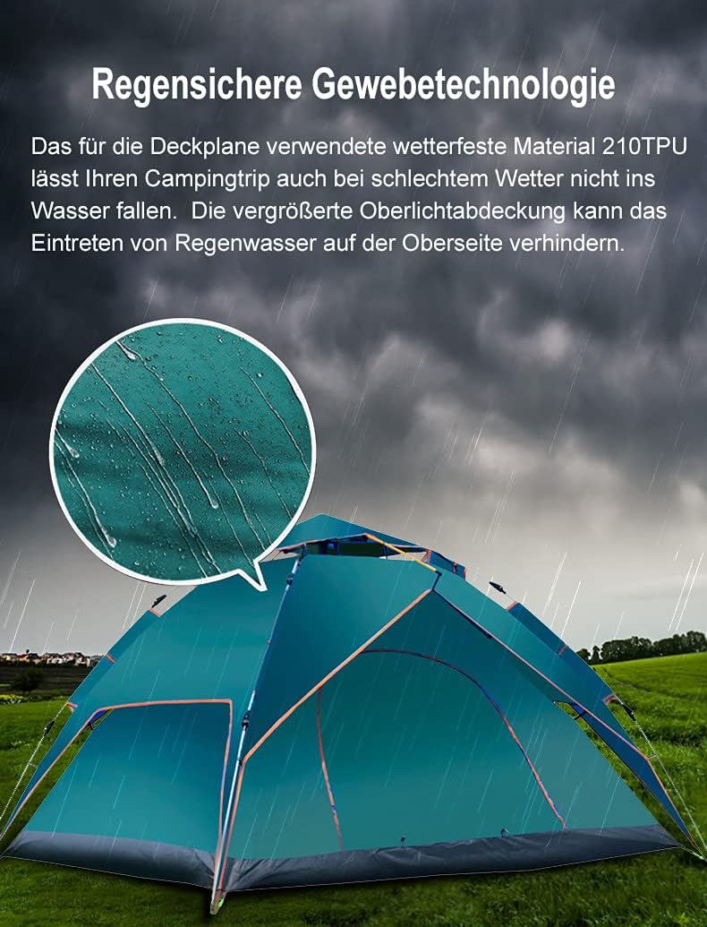 Fully Automatic Double Wall Camping Tent, Family Tent, Dome Tent, Pop-up Tent for up to 2-3 People, Waterproof, Robust, Self-Assembly, Second Tent, Trekking, Travel Festival (Dark Green)