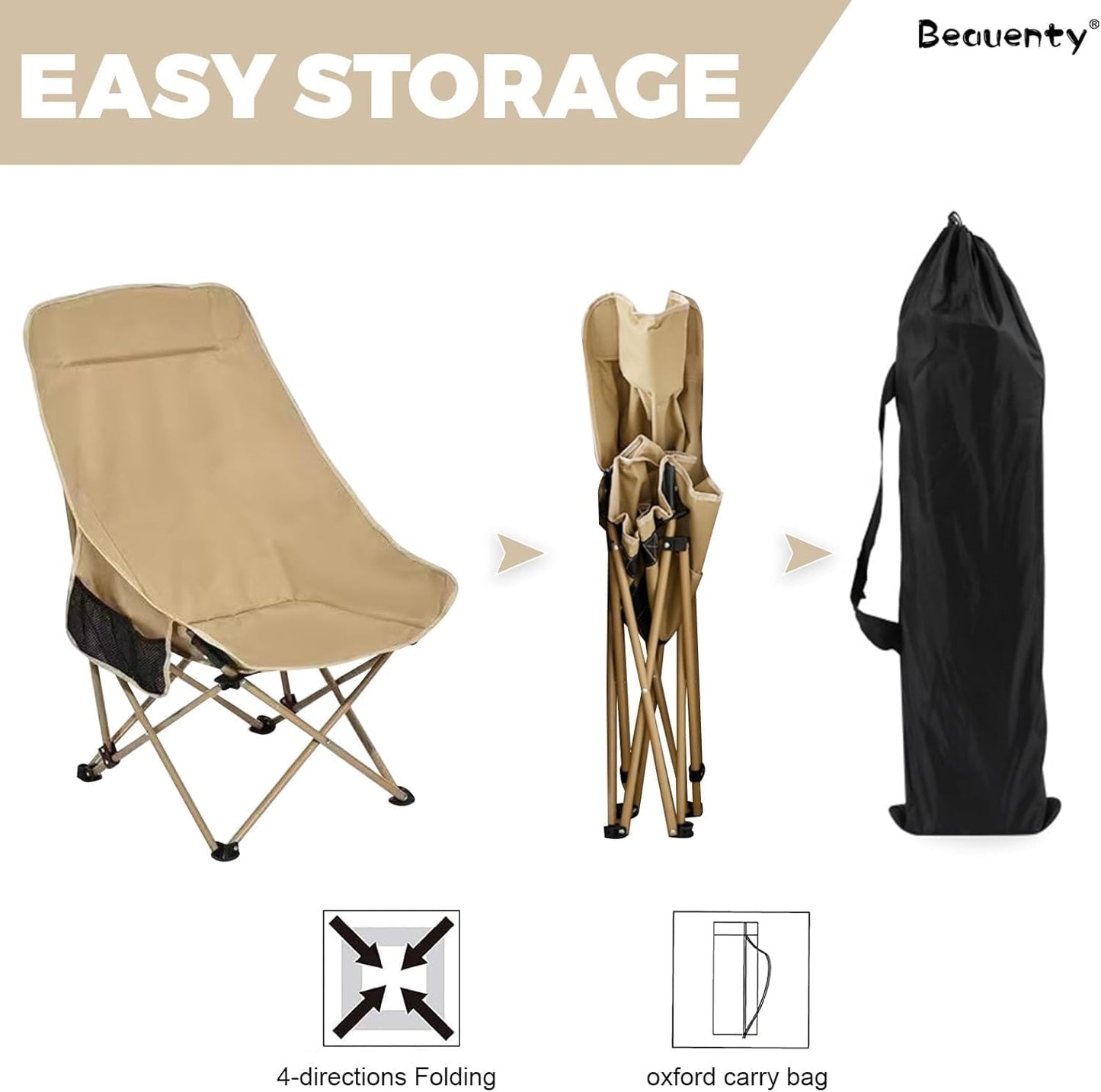 Folding Moon Chair, Camping Chair with Side Pocket, Portable Lightweight Foldable Backpacking Chair Ultra Durable for Outdoor Hiking Beach Travel with Carrying Bag (2*High Back Moon Chair - Khaki)