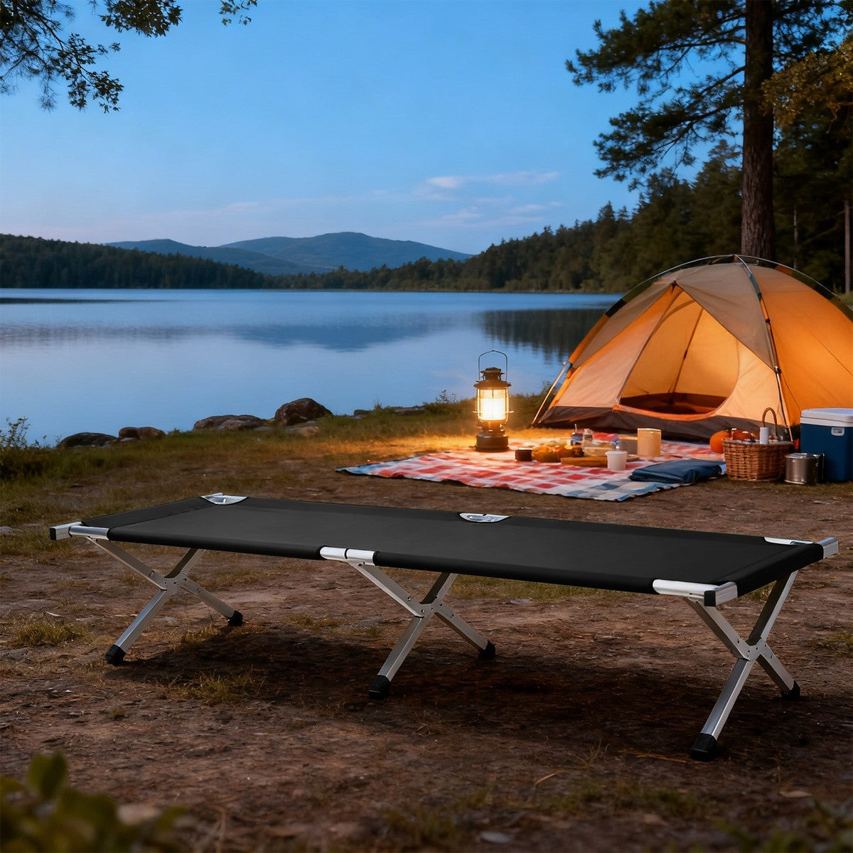 Heavy Duty Camping Bed Double Layer Oxford Strong Sleeping Cots with Carry Bag for Adults & Kids Portable Travel Folding Camping Cots for Home Office Outdoor Beach Vacation (BLACK)