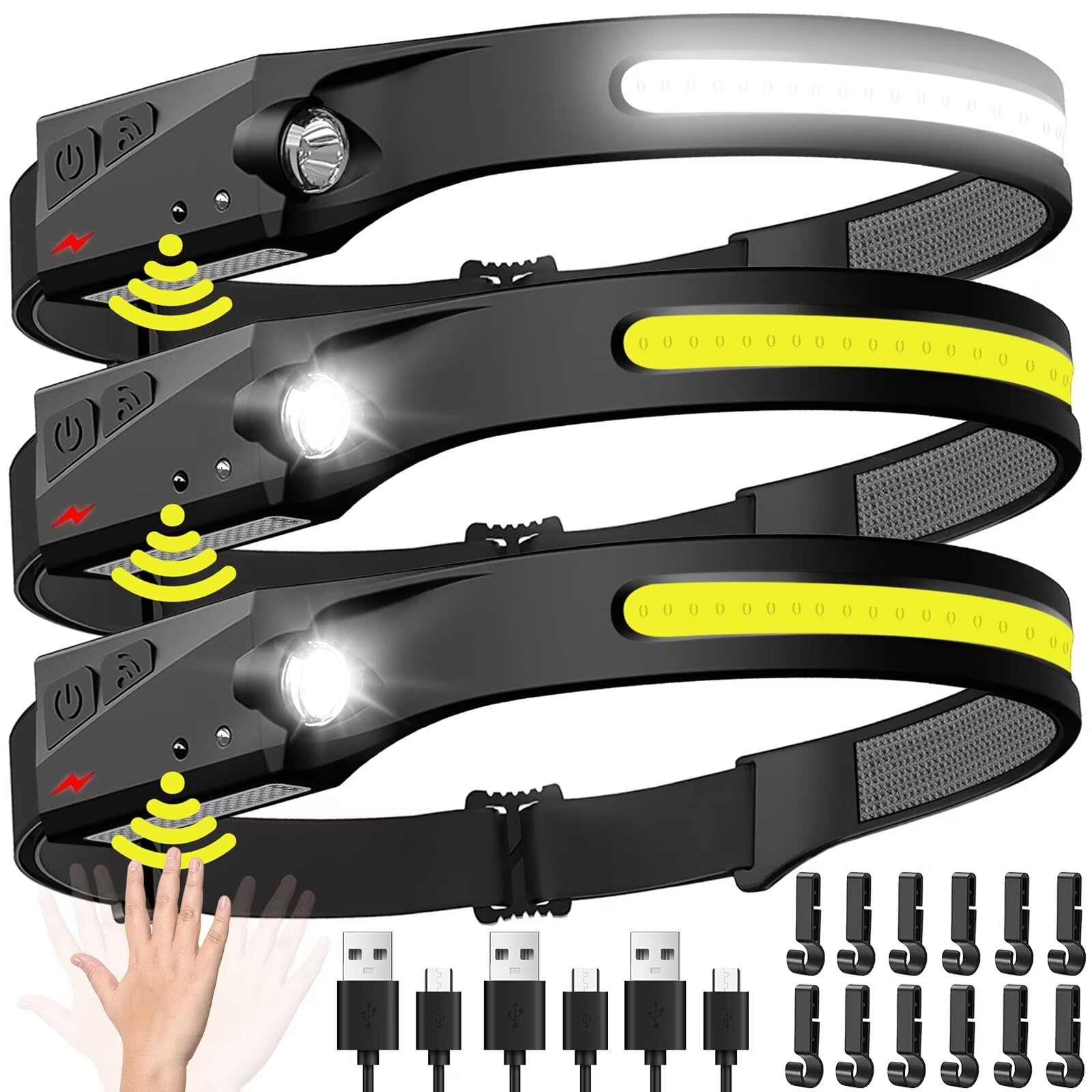 Headlamp Rechargeable 2PCS, 230° Wide Beam Head Lamp LED with Motion Sensor for Adults - Camping Accessories Gear, Waterproof Head Light Flashlight for Hiking, Running, Repairing, Fishing, Cycling