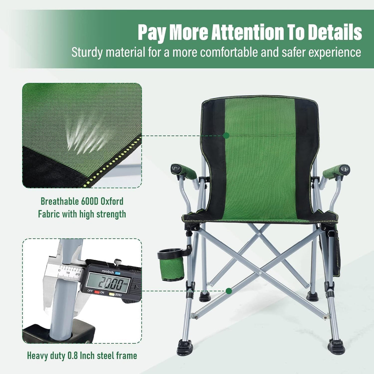 Portable Camping Chair – High Back, Padded, Heavy Duty Folding Outdoor Chair, Oxford Fabric, Lightweight & Compact for Camp, Beach, Hiking (Grey & Green)