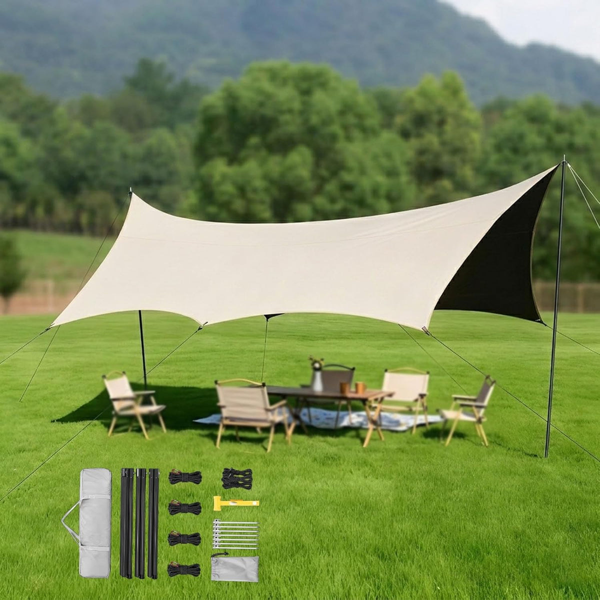 Festival Canopy, Heavy Duty Outdoor Rain Tarp, Windproof Hiking Shelter, 14.5x15ft Thick Sun Block Gear for Summer Picnic, Tear Resistant Wilderness Accessories(Gold,220x173x102inch)