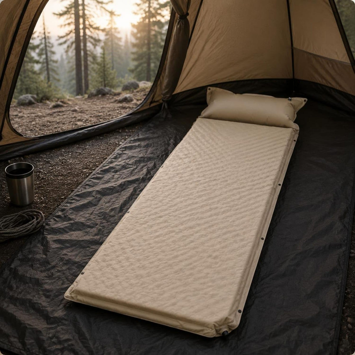 Bnf Quick Inflate Inflatable Camping Mattress Portable Inflatable Sleeping Mat Compact Tent Inflatable Mat Self Inflating for Campers, Travelers, Khaki, 5CM Single