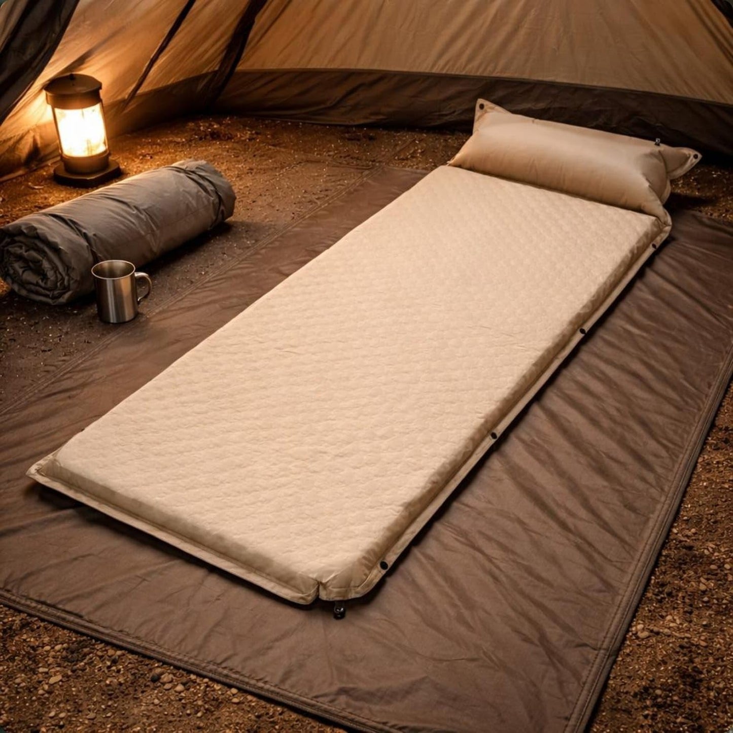 Bnf Quick Inflate Inflatable Camping Mattress Portable Inflatable Sleeping Mat Compact Tent Inflatable Mat Self Inflating for Campers, Travelers, Khaki, 5CM Single