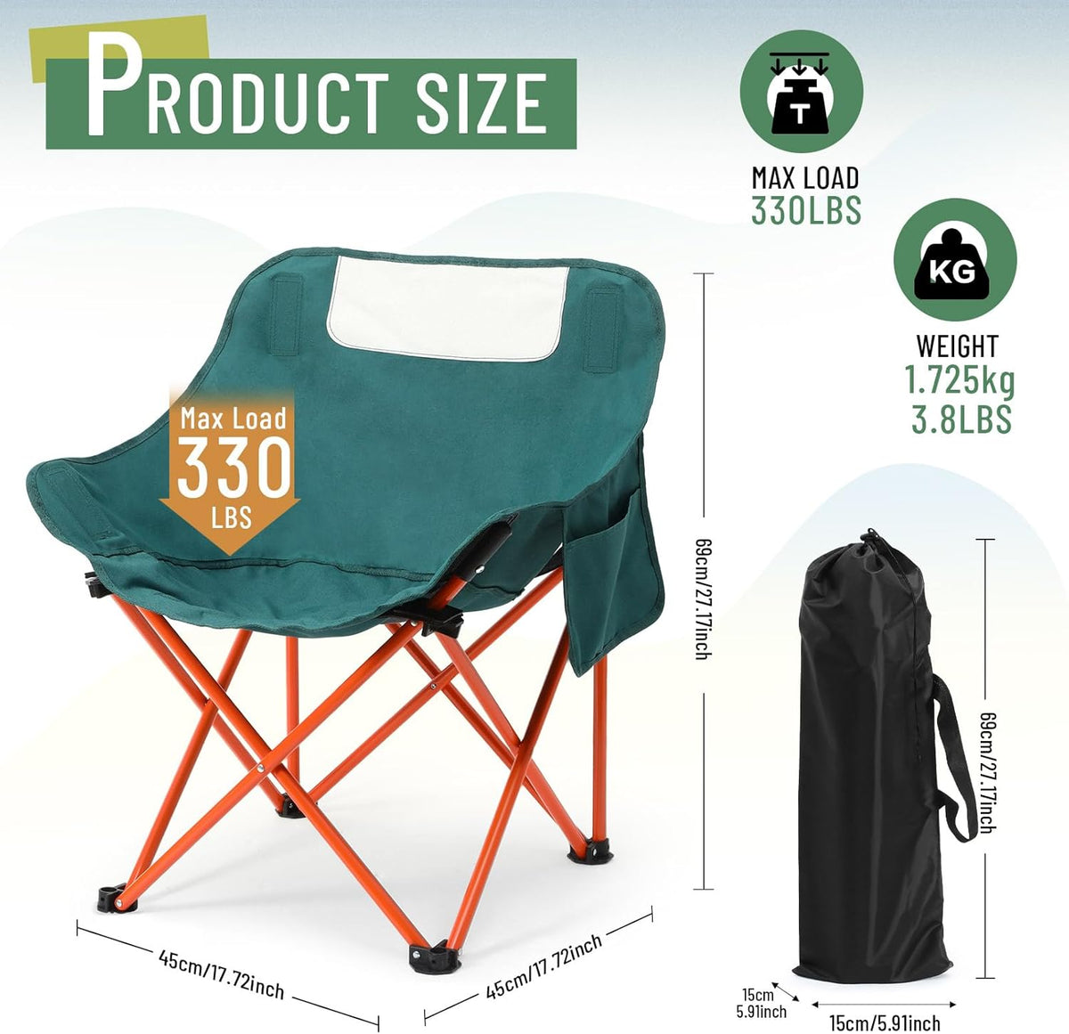 Compact Camping Chairs Portable Folding for Outside with Carry Bag Lightweight Moon Chairs for Travel Picnic Hiking Beach Fishing, 600D Oxford, Supports 330lbs(Khaki, Black)