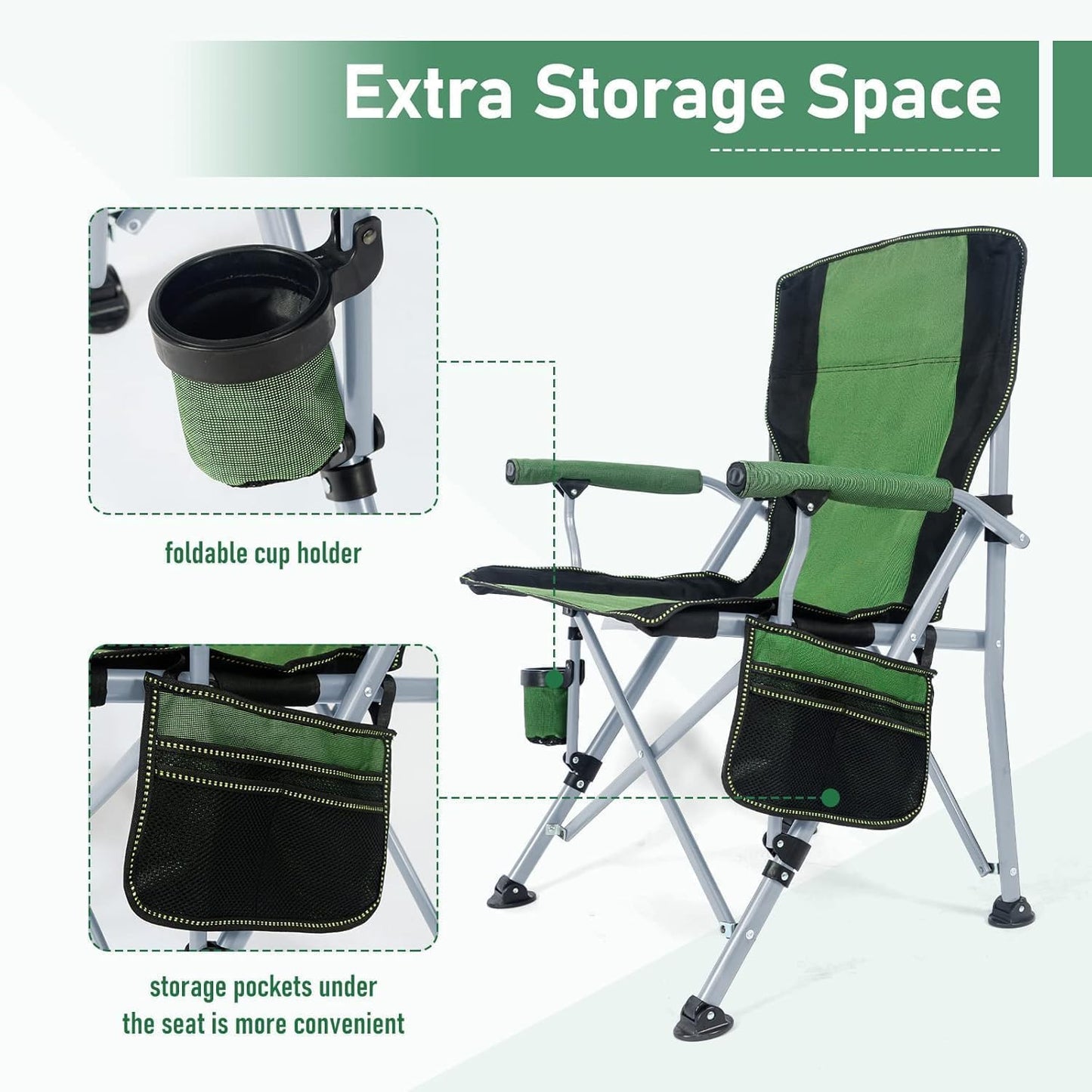 Portable Camping Chair – High Back, Padded, Heavy Duty Folding Outdoor Chair, Oxford Fabric, Lightweight & Compact for Camp, Beach, Hiking (Grey & Green)