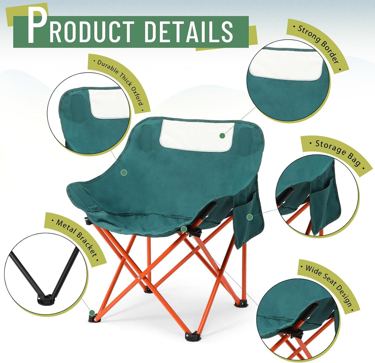 Compact Camping Chairs Portable Folding for Outside with Carry Bag Lightweight Moon Chairs for Travel Picnic Hiking Beach Fishing, 600D Oxford, Supports 330lbs(Khaki, Black)