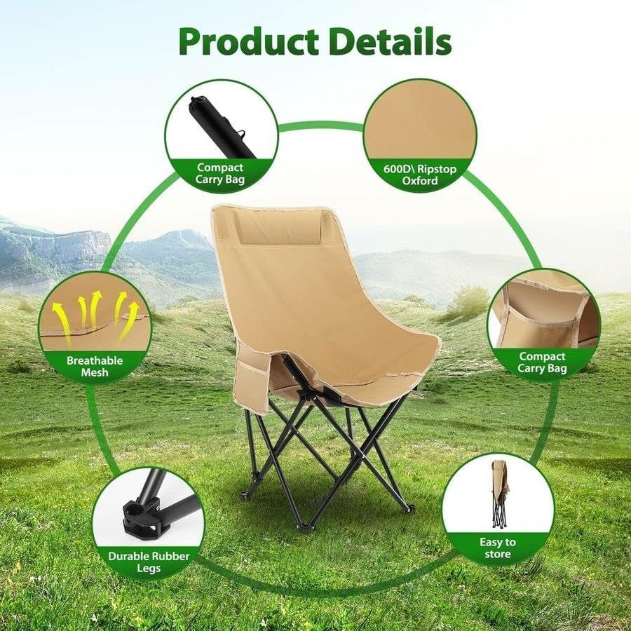 Folding Moon Chair, Camping Chair with Side Pocket, Portable Lightweight Foldable Backpacking Chair Ultra Durable for Outdoor Hiking Beach Travel with Carrying Bag (2*High Back Moon Chair - Khaki)