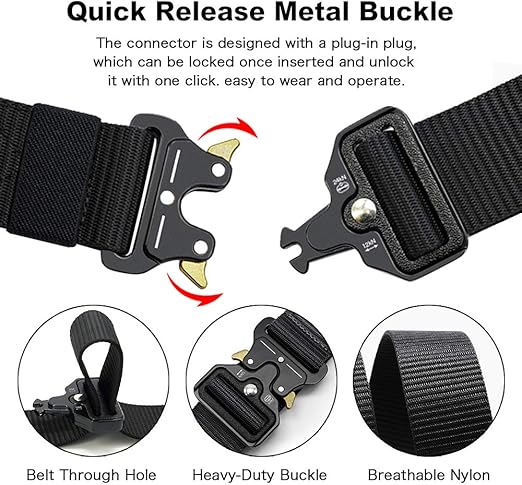 Tactical Belt for Men, Black Military Nylon Web with Quick Release Heavy Duty Buckle, Ideal for Work, Hiking