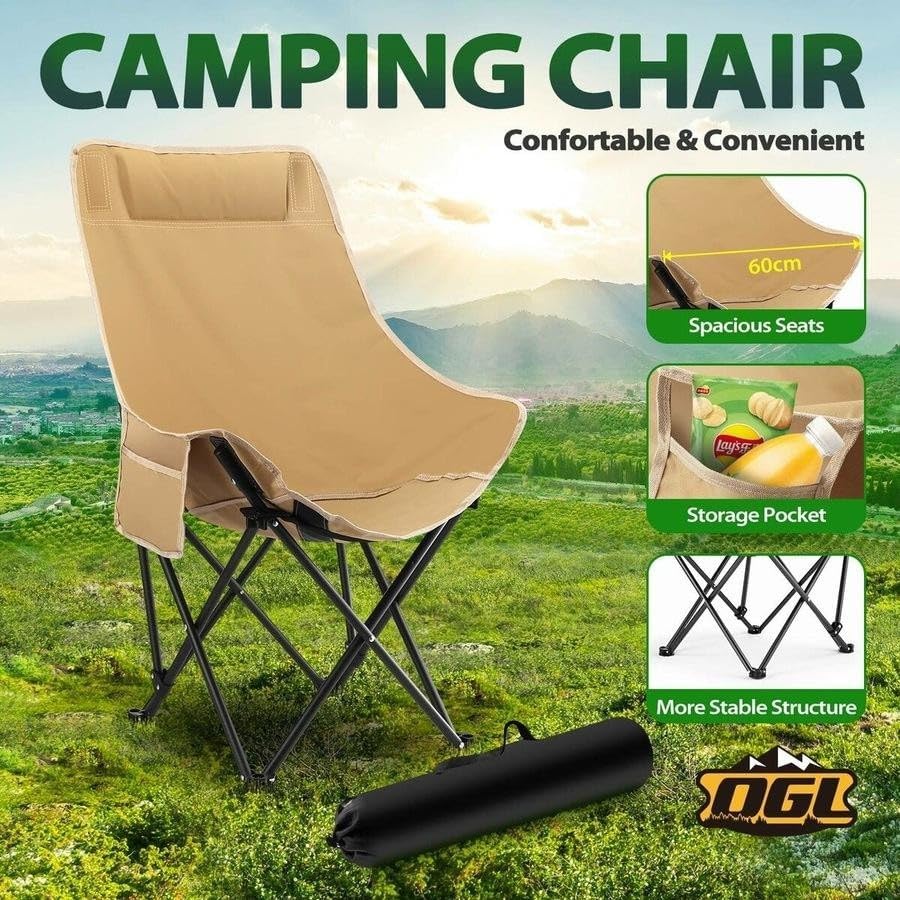 Folding Moon Chair, Camping Chair with Side Pocket, Portable Lightweight Foldable Backpacking Chair Ultra Durable for Outdoor Hiking Beach Travel with Carrying Bag (2*High Back Moon Chair - Khaki)