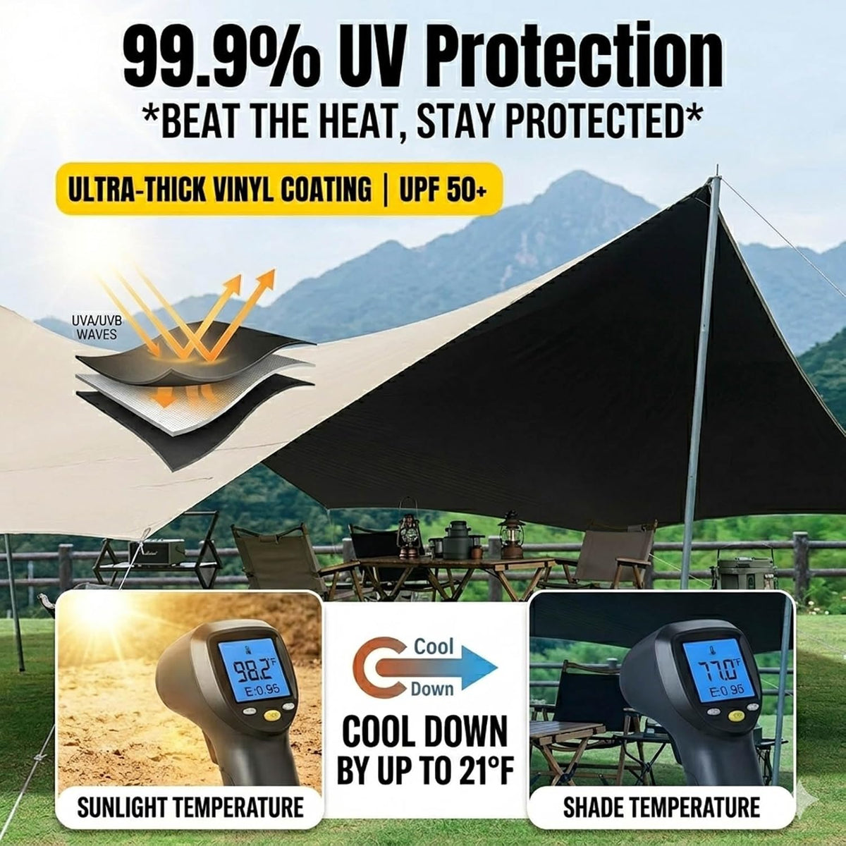 Festival Canopy, Heavy Duty Outdoor Rain Tarp, Windproof Hiking Shelter, 14.5x15ft Thick Sun Block Gear for Summer Picnic, Tear Resistant Wilderness Accessories(Gold,220x173x102inch)