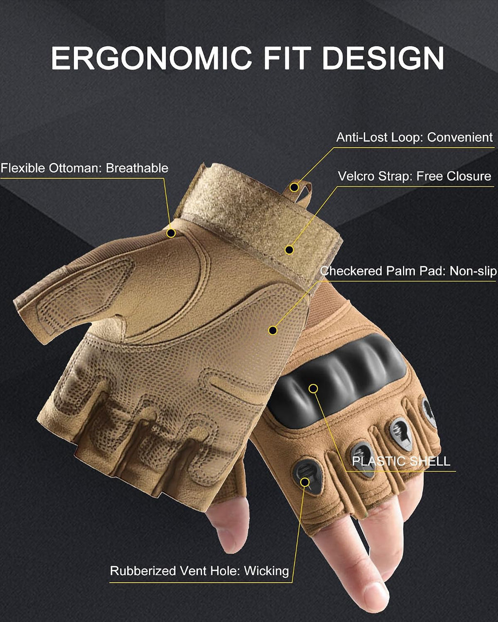 Fingerless Soft Rubber Knuckle Tactical Gloves for Men, Half Finger Bicycle Gloves Anti Slip, Exercise Workout Glove for Gym, Camping, Hunting, Shooting (Brown 903, Medium)