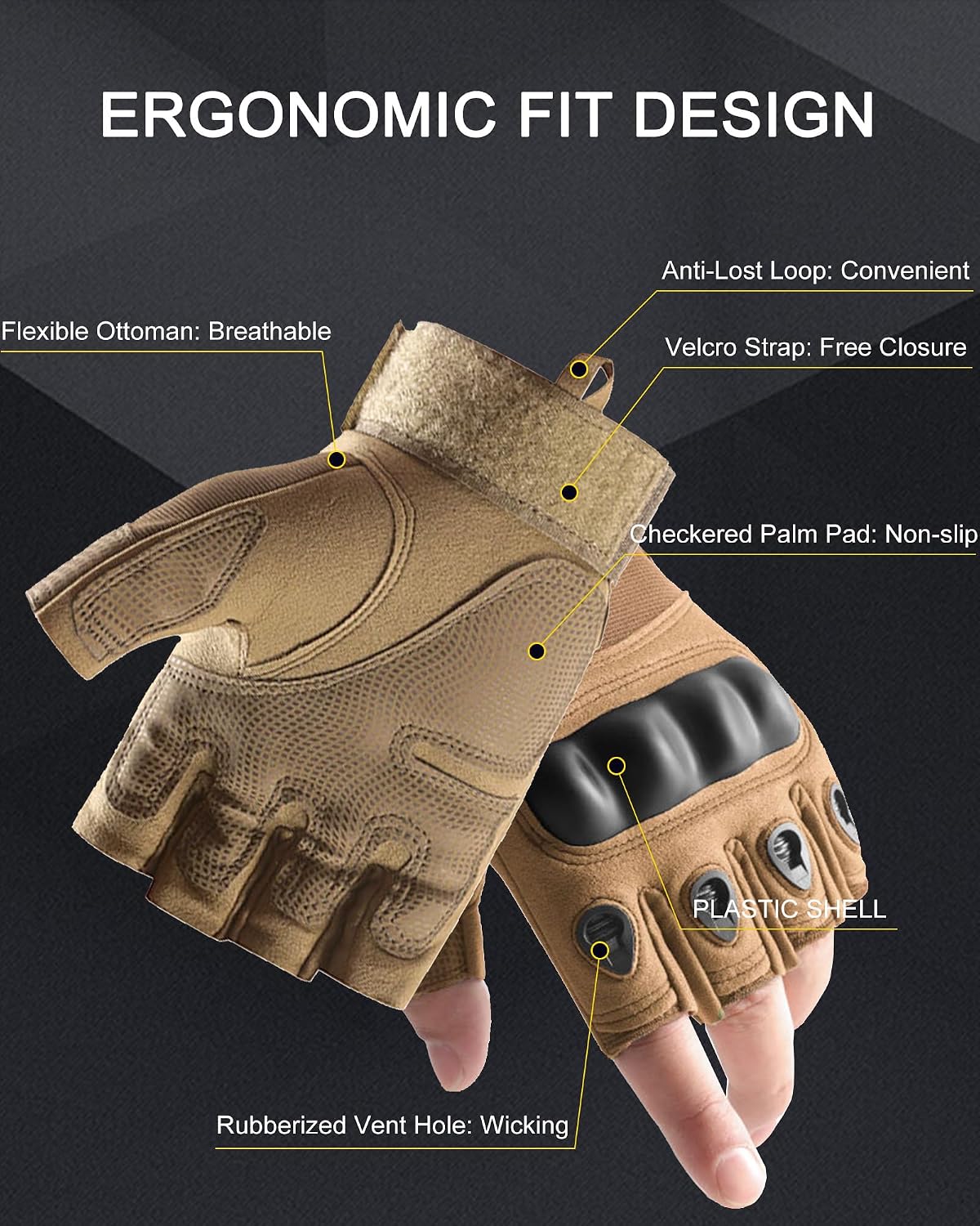 Fingerless Soft Rubber Knuckle Tactical Gloves for Men, Half Finger Bicycle Gloves Anti Slip, Exercise Workout Glove for Gym, Camping, Hunting, Shooting (Brown 903, Medium)
