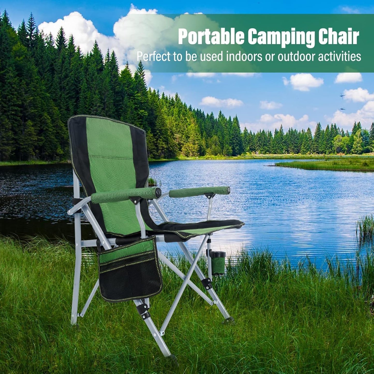 Portable Camping Chair – High Back, Padded, Heavy Duty Folding Outdoor Chair, Oxford Fabric, Lightweight & Compact for Camp, Beach, Hiking (Grey & Green)