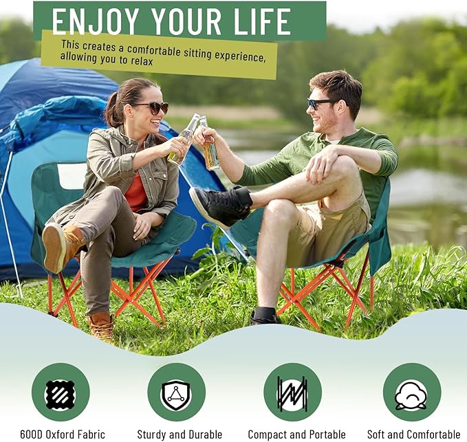 Compact Camping Chairs Portable Folding for Outside with Carry Bag Lightweight Moon Chairs for Travel Picnic Hiking Beach Fishing, 600D Oxford, Supports 330lbs(Khaki, Black)