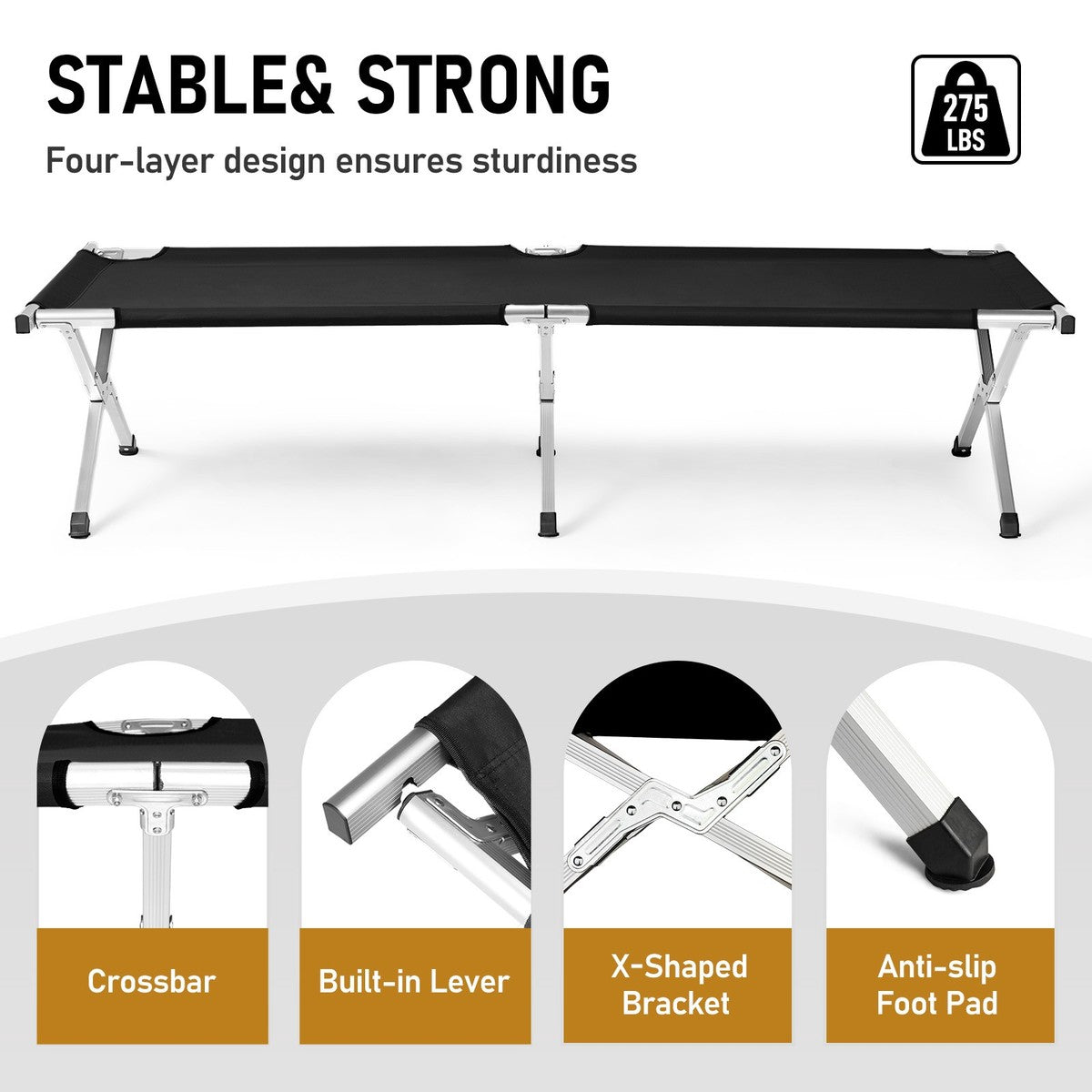Heavy Duty Camping Bed Double Layer Oxford Strong Sleeping Cots with Carry Bag for Adults & Kids Portable Travel Folding Camping Cots for Home Office Outdoor Beach Vacation (BLACK)