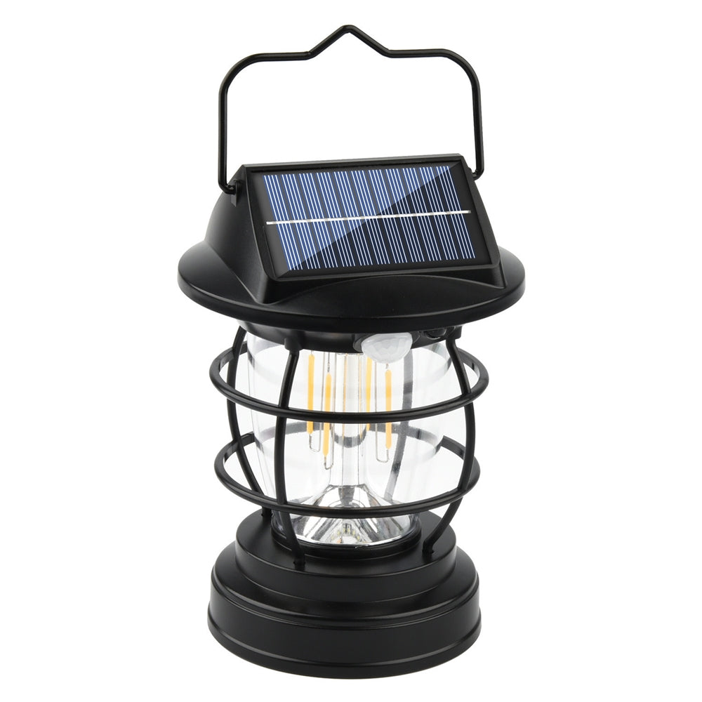 Solar Hanging Lantern Vintage Outdoor Light | Rainproof Rechargeable LED Induction | Solar/USB Dual Powered | Black ABS 6.3" | Garden Balcony Yard Camping | Auto Sensor