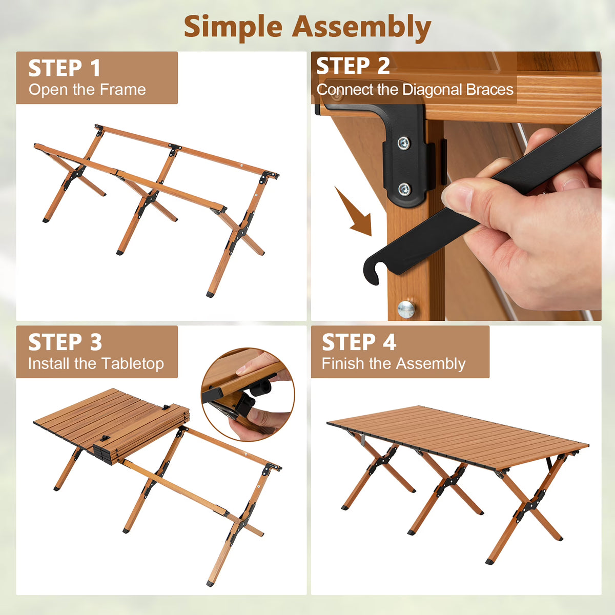 Folding Aluminum Camping Table with Carry Bag Roll-Up Picnic Table with Wood Grain