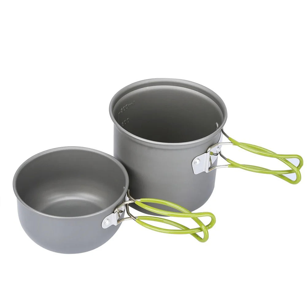 Lightweight Portable Camping Cookware Set – 2-in-1 Picnic Pot & Pan with Foldable Cutlery | Ideal Mess Kit for Hiking, Backpacking & Outdoor Cooking (1-2 People, Easy to Clean, Green)