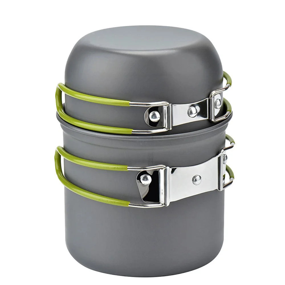 Lightweight Portable Camping Cookware Set – 2-in-1 Picnic Pot & Pan with Foldable Cutlery | Ideal Mess Kit for Hiking, Backpacking & Outdoor Cooking (1-2 People, Easy to Clean, Green)