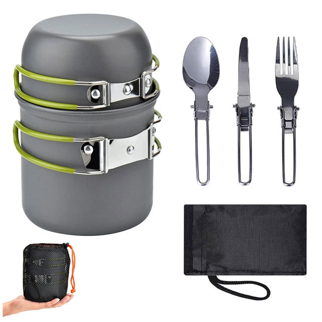 Lightweight Portable Camping Cookware Set – 2-in-1 Picnic Pot & Pan with Foldable Cutlery | Ideal Mess Kit for Hiking, Backpacking & Outdoor Cooking (1-2 People, Easy to Clean, Green)