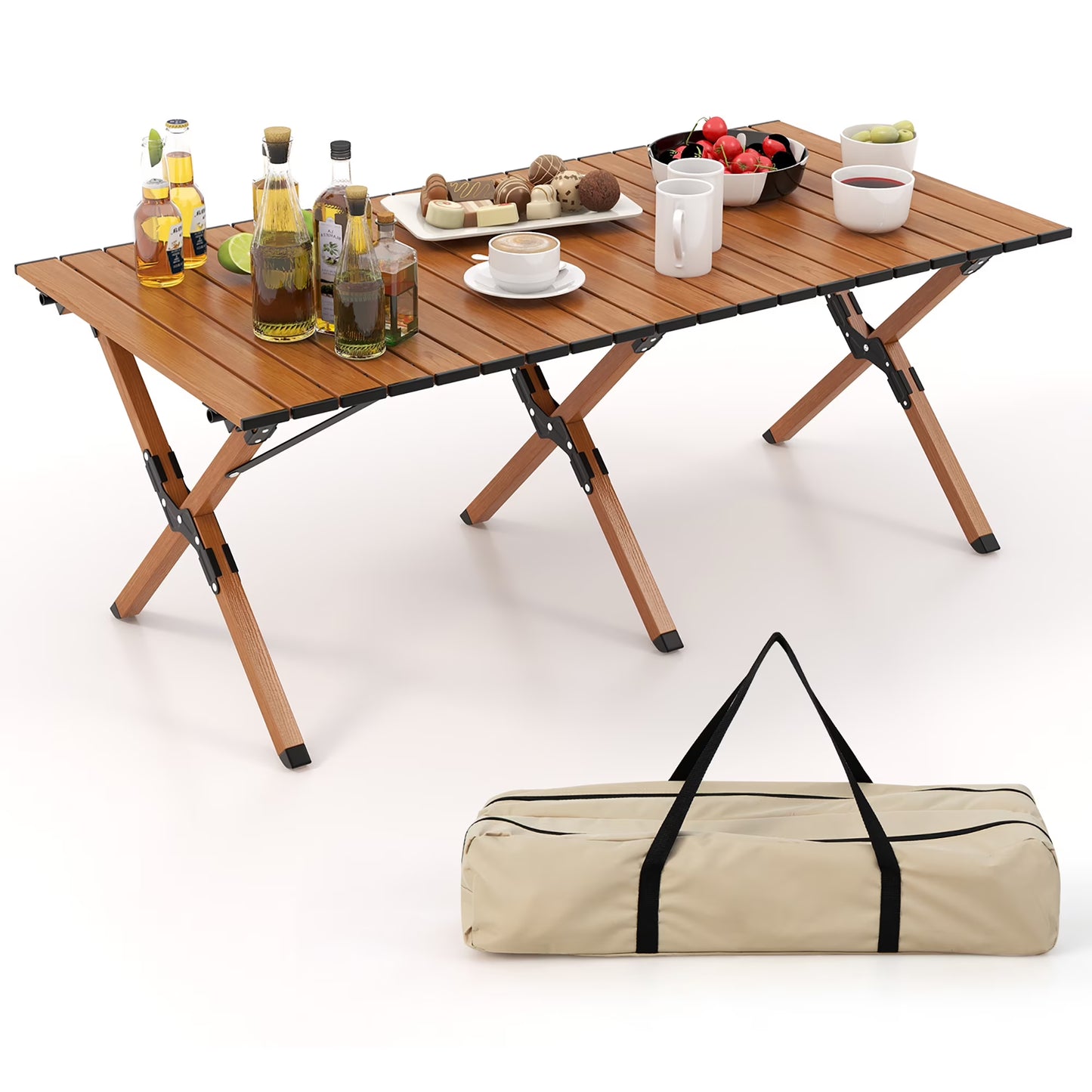 Folding Aluminum Camping Table with Carry Bag Roll-Up Picnic Table with Wood Grain