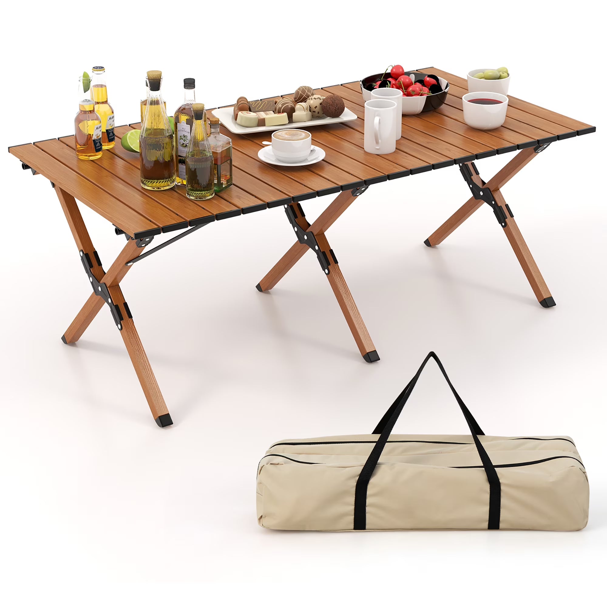 Folding Aluminum Camping Table with Carry Bag Roll-Up Picnic Table with Wood Grain