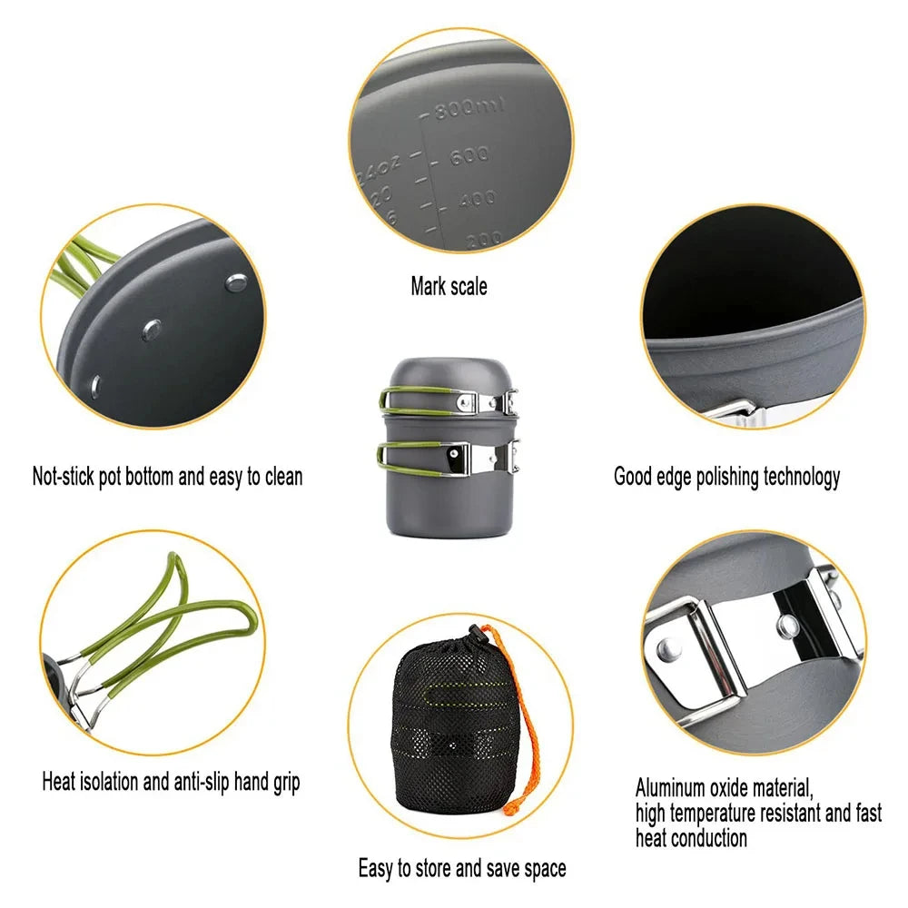 Lightweight Portable Camping Cookware Set – 2-in-1 Picnic Pot & Pan with Foldable Cutlery | Ideal Mess Kit for Hiking, Backpacking & Outdoor Cooking (1-2 People, Easy to Clean, Green)