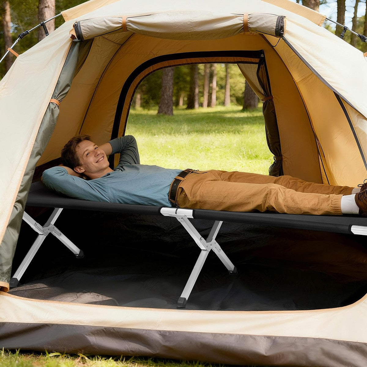 Heavy Duty Camping Bed Double Layer Oxford Strong Sleeping Cots with Carry Bag for Adults & Kids Portable Travel Folding Camping Cots for Home Office Outdoor Beach Vacation (BLACK)