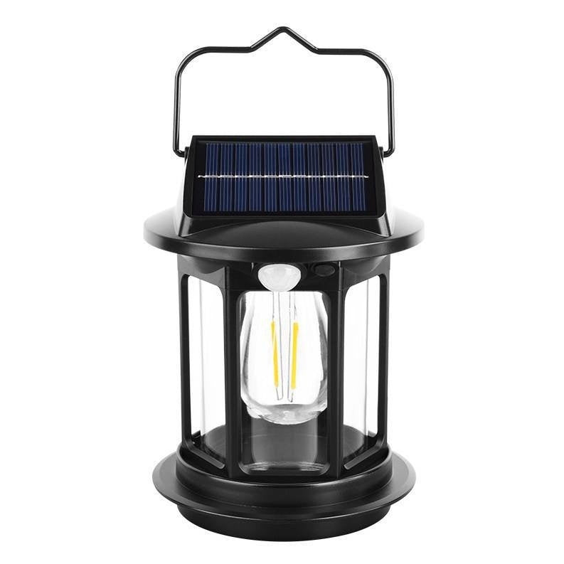 Solar Hanging Lantern Vintage Outdoor Light | Rainproof Rechargeable LED Induction | Solar/USB Dual Powered | Black ABS 6.3" | Garden Balcony Yard Camping | Auto Sensor