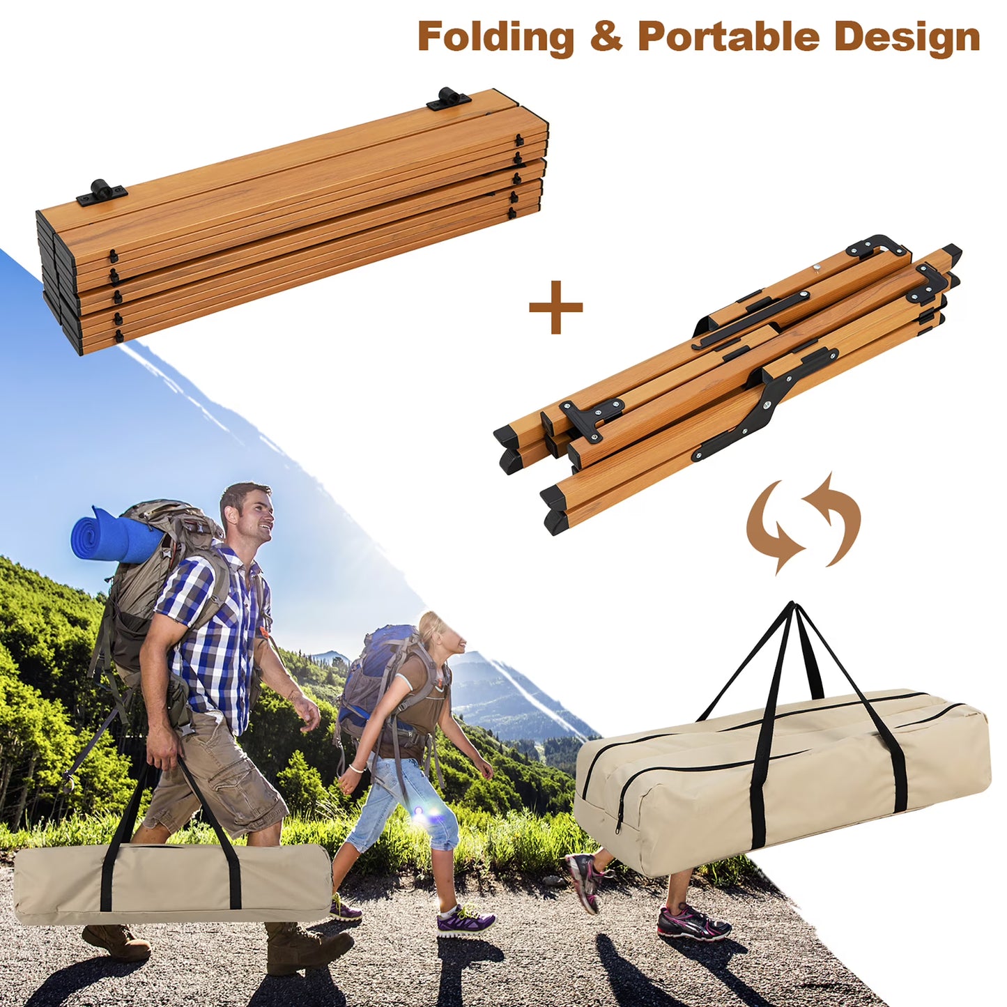 Folding Aluminum Camping Table with Carry Bag Roll-Up Picnic Table with Wood Grain